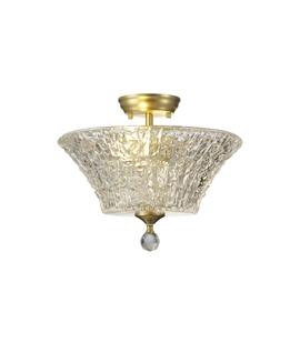 Damilo 2 Light Semi Flush Ceiling E27 With Round 38cm Patterned Glass Shade Satin Gold-Clear