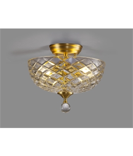 Damilo 2 Light Semi Flush Ceiling E27 With Flat Round 30cm Patterned Glass Shade Satin Gold-Clear