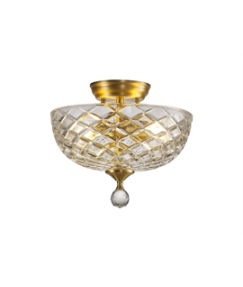 Damilo 2 Light Semi Flush Ceiling E27 With Flat Round 30cm Patterned Glass Shade Satin Gold-Clear