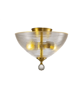 Damilo 2 Light Semi Flush Ceiling E27 With Round 33.5cm Prismatic Effect Glass Shade Satin Gold-Clear