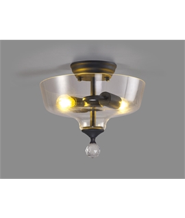 Damilo 2 Light Semi Flush Ceiling E27 With Flat Round 30cm Glass Shade Graphite-Clear