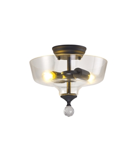 Damilo 2 Light Semi Flush Ceiling E27 With Flat Round 30cm Glass Shade Graphite-Clear