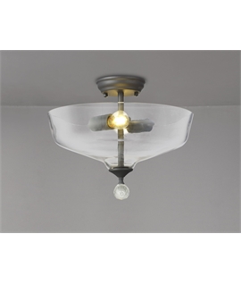 Damilo 2 Light Semi Flush Ceiling E27 With Flat Round 38cm Glass Shade Graphite-Clear