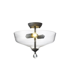 Damilo 2 Light Semi Flush Ceiling E27 With Flat Round 38cm Glass Shade Graphite-Clear