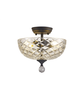 Damilo 2 Light Semi Flush Ceiling E27 With Flat Round 30cm Patterned Glass Shade Graphite-Clear