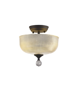 Damilo 2 Light Semi Flush Ceiling E27 With Round 26.5cm Prismatic Effect Glass Shade Graphite-Clear