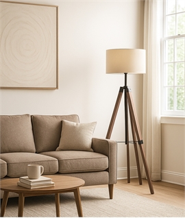 Surveyors Dark Wood Tripod Floor Lamp - Fabric Drum Shade