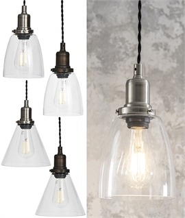 Industrial Conical or Curved Metal & Glass Pendants - Two Finishes