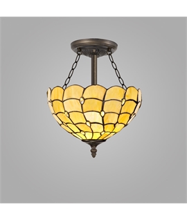 Donohue 3 Light Semi Flush E27 With 30cm Tiffany Shade, Beige-Clear Crystal-Aged Antique Brass