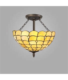 Donohue 3 Light Semi Flush E27 With 40cm Tiffany Shade, Beige-Clear Crystal-Aged Antique Brass