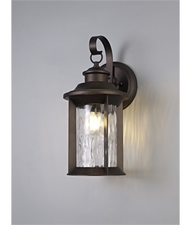 Elford Small Wall Lamp, 1 x E27, Antique Bronze-Clear Ripple Glass, IP54, 2yrs Warranty