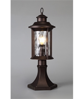 Elford Pedestal Lamp, 1 x E27, Antique Bronze-Clear Ripple Glass, IP54, 2yrs Warranty