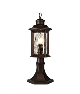 Elford Pedestal Lamp, 1 x E27, Antique Bronze-Clear Ripple Glass, IP54, 2yrs Warranty