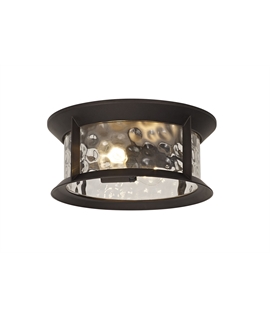 Elford Flush Ceiling Lamp, 2 xE27, Antique Bronze-Clear Ripple Glass, IP54, 2yrs Warranty