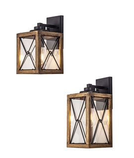 Exterior Wood Effect & Black Finish Wall Light with Clear Glass - IP54