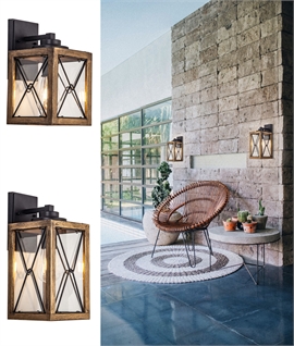 Exterior Wood Effect & Black Finish Wall Light with Clear Glass - IP54