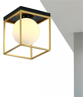 Flush Mounted Brass Box with Single Opal Glass Globe