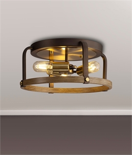 Flush Round Ceiling Light in Antique Bronze with Brown Oxide & Wood