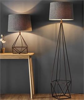 Geometric Cage-Style Floor Lamp with Grey Fabric Shade