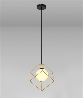 Gold Hexagonal Shade & Opal Globe Pendant Light - Black Flex