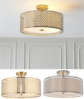 Fretwork Drum with Glass Diffuser - Satin Nickel or Gold