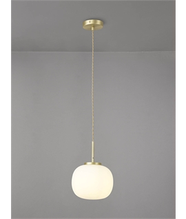 Glo Sphere Small Oval Ball Pendant 1 Light E27 Satin Gold Suspension With Frosted White Glass Globe