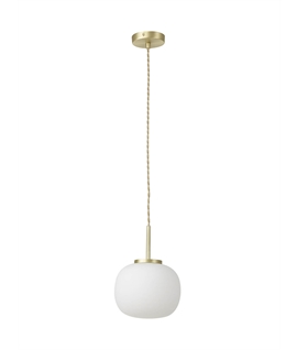 Glo Sphere Small Oval Ball Pendant 1 Light E27 Satin Gold Suspension With Frosted White Glass Globe