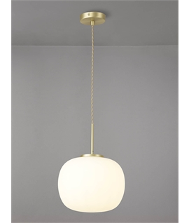 Glo Sphere Medium Oval Ball Pendant 1 Light E27 Satin Gold Suspension With Frosted White Glass Globe
