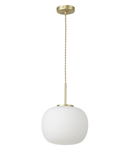 Glo Sphere Medium Oval Ball Pendant 1 Light E27 Satin Gold Suspension With Frosted White Glass Globe