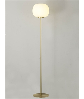 Glo Sphere Medium Oval Ball Floor Lamp 1 Light E27 Satin Gold Base With Frosted White Glass Globe
