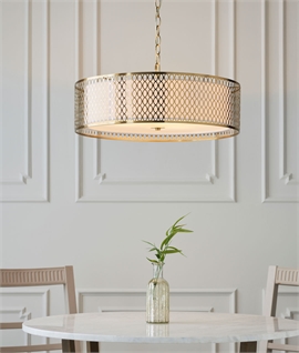 Fretwork Drum Pendant with Glass Diffuser - Satin Nickel or Gold