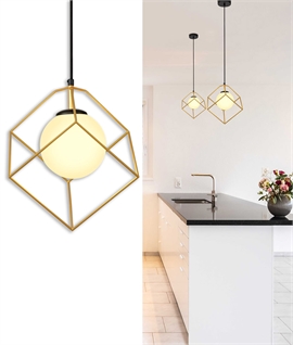 Gold Hexagonal Shade & Opal Globe Pendant Light - Black Flex