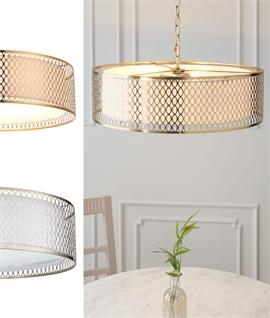 Fretwork Drum Pendant with Glass Diffuser - Satin Nickel or Gold