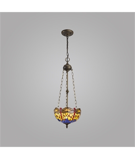 Grosjean 3 Light Uplighter Pendant E27 With 30cm Tiffany Shade, Blue-Orange-Crystal-Aged Antique Brass