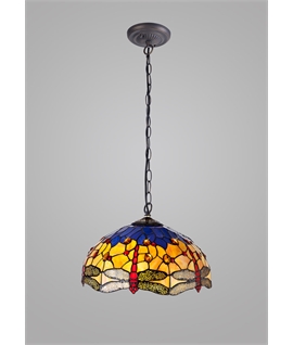 Grosjean 1 Light Downlighter Pendant E27 With 40cm Tiffany Shade, Blue-Orange-Crystal-Aged Antique Brass