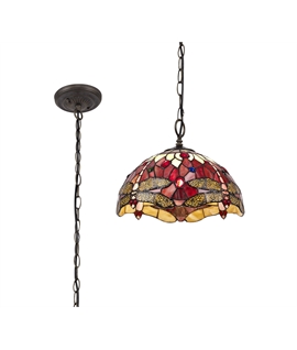 Grosjean 1 Light Downlighter Pendant E27 With 30cm Tiffany Shade, Purple-Pink-Crystal-Aged Antique Brass