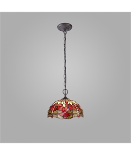 Grosjean 2 Light Downlighter Pendant E27 With 30cm Tiffany Shade, Purple-Pink-Crystal-Aged Antique Brass