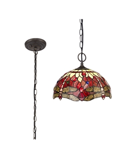 Grosjean 2 Light Downlighter Pendant E27 With 30cm Tiffany Shade, Purple-Pink-Crystal-Aged Antique Brass
