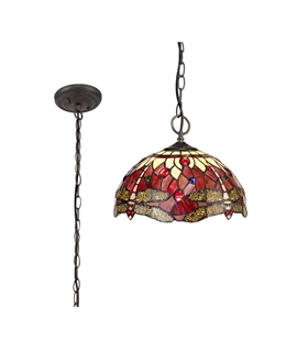 Grosjean 3 Light Downlighter Pendant E27 With 30cm Tiffany Shade, Purple-Pink-Crystal-Aged Antique Brass
