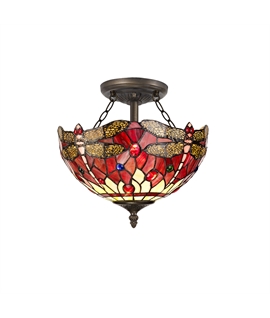 Grosjean 2 Light Semi Flush E27 With 30cm Tiffany Shade, Purple-Pink-Crystal-Aged Antique Brass