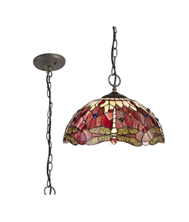 Grosjean 3 Light Downlighter Pendant E27 With 40cm Tiffany Shade, Purple-Pink-Crystal-Aged Antique Brass