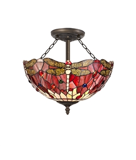 Grosjean 3 Light Semi Flush E27 With 40cm Tiffany Shade, Purple-Pink-Crystal-Aged Antique Brass