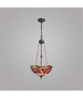 Grosjean 3 Light Uplighter Pendant E27 With 40cm Tiffany Shade, Purple-Pink-Crystal-Aged Antique Brass