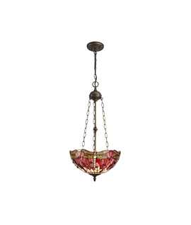 Grosjean 3 Light Uplighter Pendant E27 With 40cm Tiffany Shade, Purple-Pink-Crystal-Aged Antique Brass