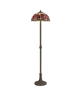 Grosjean 2 Light Leaf Design Floor Lamp E27 With 40cm Tiffany Shade, Purple-Pink-Crystal-Aged Antique Brass