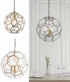 Chain-Hung Glass Lantern with Hexagonal Cut Glass in in Antique Brass Frame