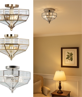 Octagon Design Semi-Flush Ceiling Light - Bevelled Clear Glass