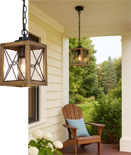 Wood Effect Box Lantern with Black Chain Suspension IP54 Rated