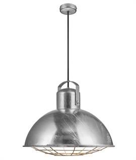 Industrial Pendant Light with Galvanised Dome and Protective Cage