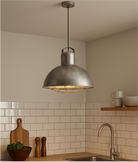 Industrial Pendant Light with Galvanised Dome and Protective Cage